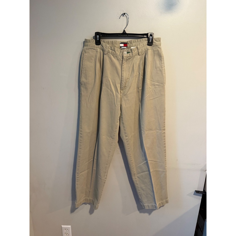 Tommy Hilfiger Mens Pleated Chino Pants Khaki Tan Cotton 34x30 Relaxed Fit